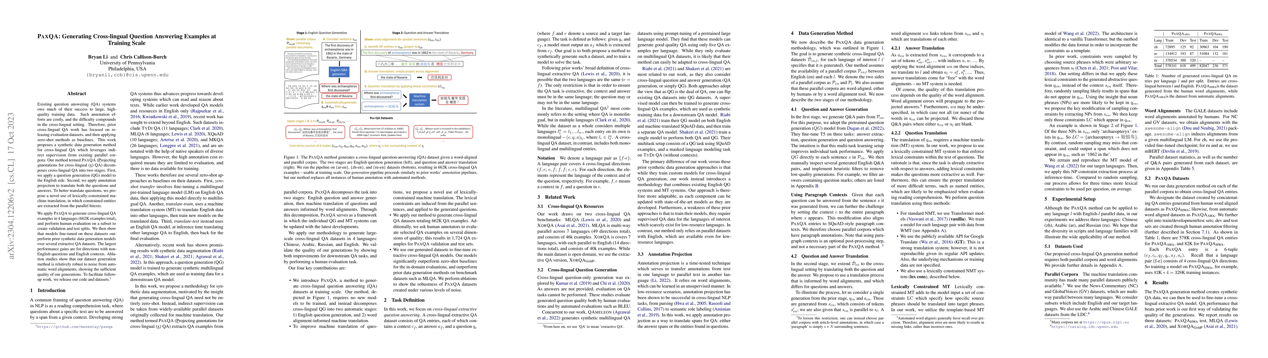 Thumbnail for PAXQA: Generating Cross-lingual Question Answering Examples at Training
  Scale