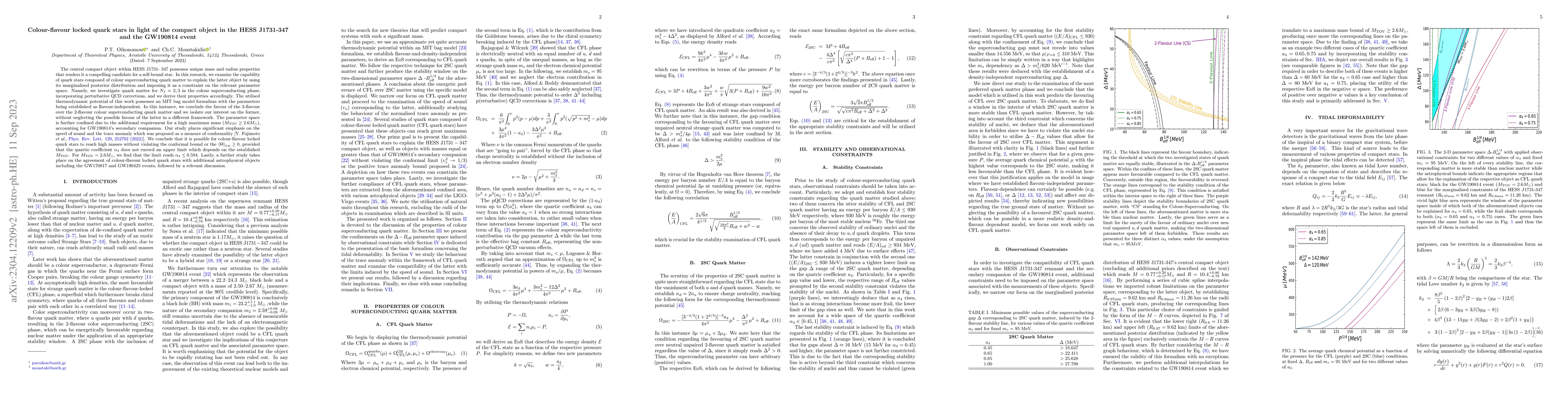 Thumbnail for Colour-Flavour Locked Quark Stars in Light of the Compact Object in HESS
  J1731-347 and the GW190814 Event