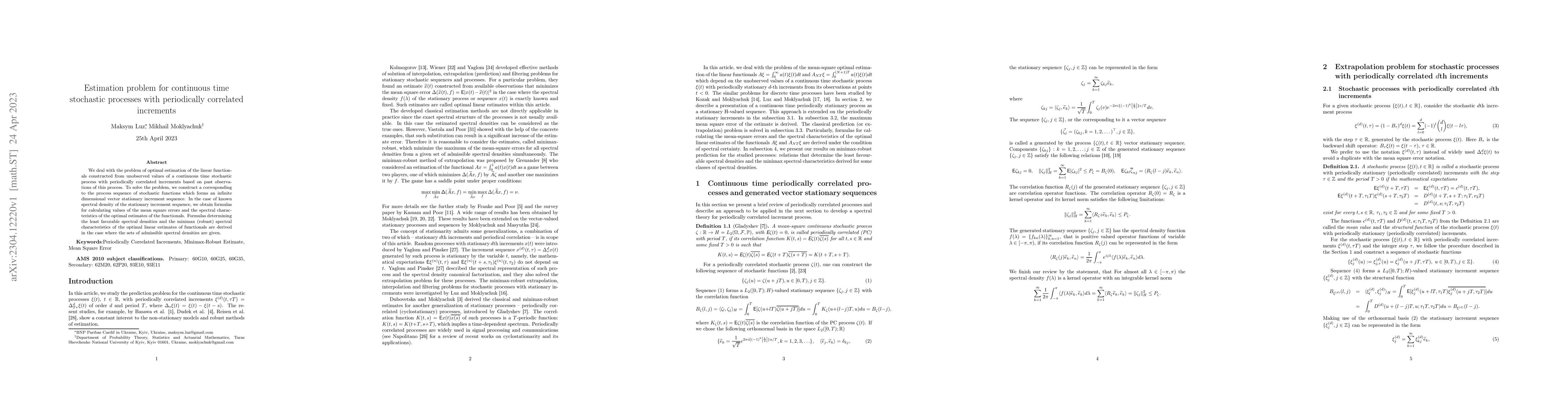 Thumbnail for Estimation problem for continuous time stochastic processes with
  periodically correlated increments