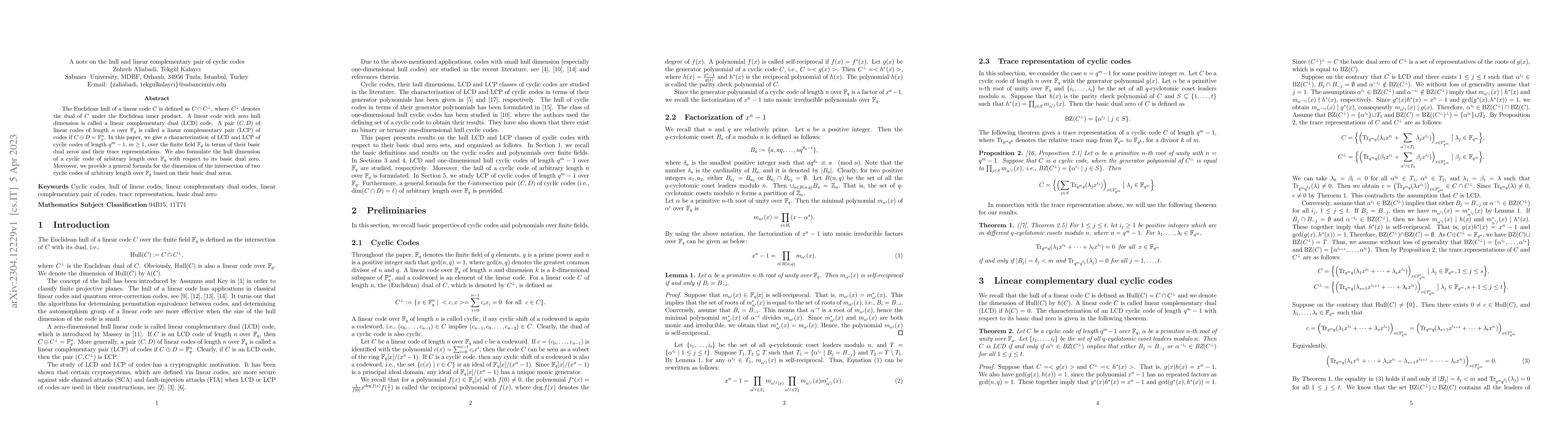 Thumbnail for A note on the hull and linear complementary pair of cyclic codes