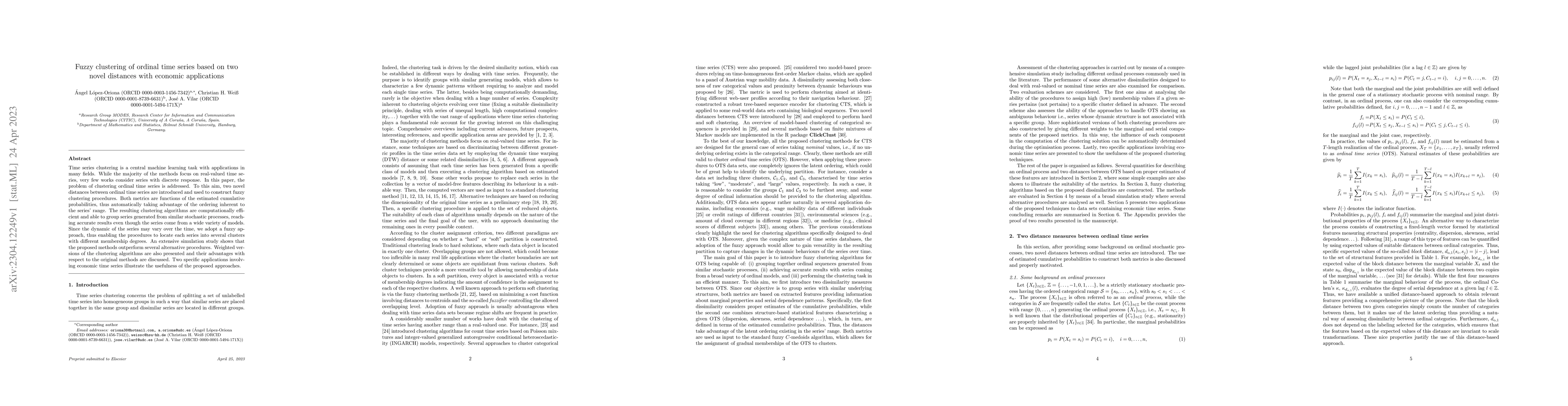 Thumbnail for Fuzzy clustering of ordinal time series based on two novel distances
  with economic applications