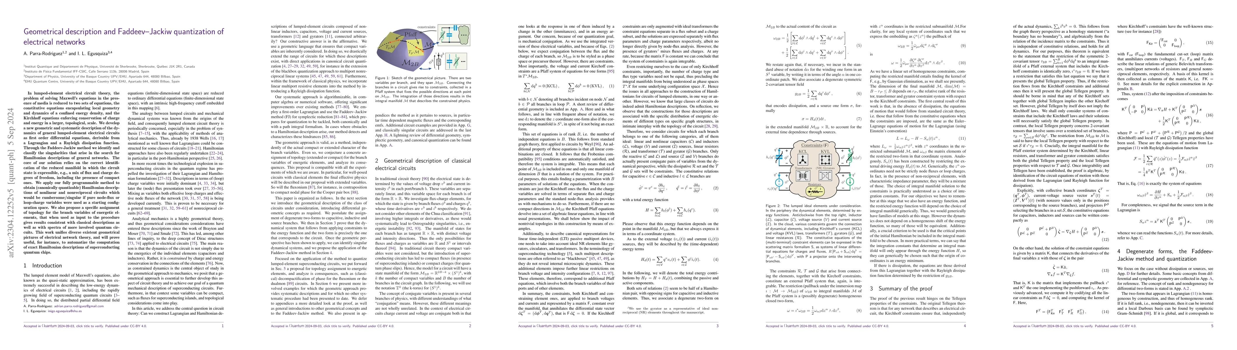 Thumbnail for Geometrical description and Faddeev-Jackiw quantization of electrical
  networks