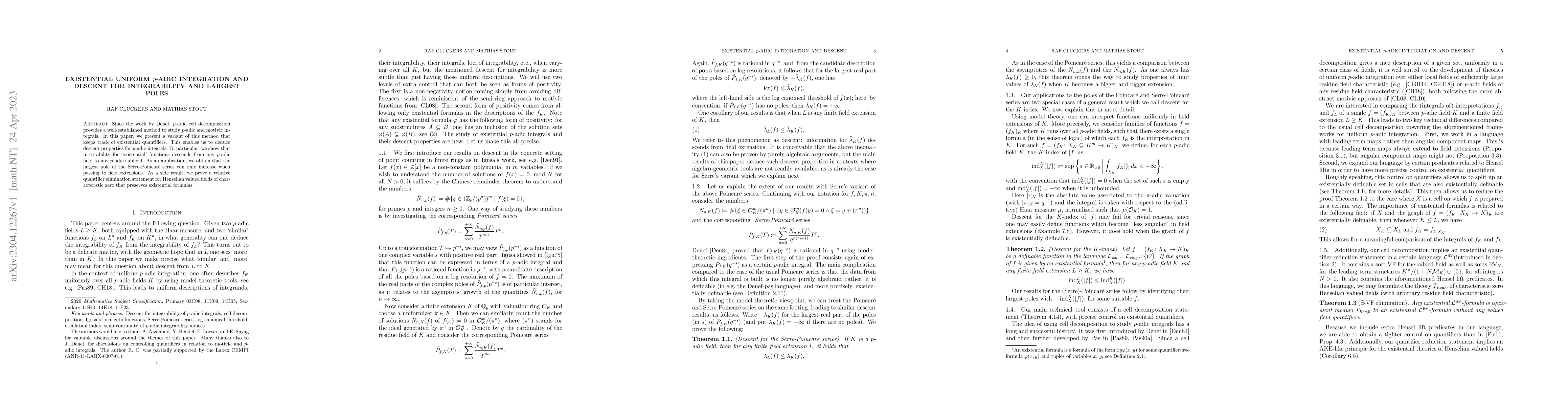 Thumbnail for Existential uniform $p$-adic integration and descent for integrability
  and largest poles