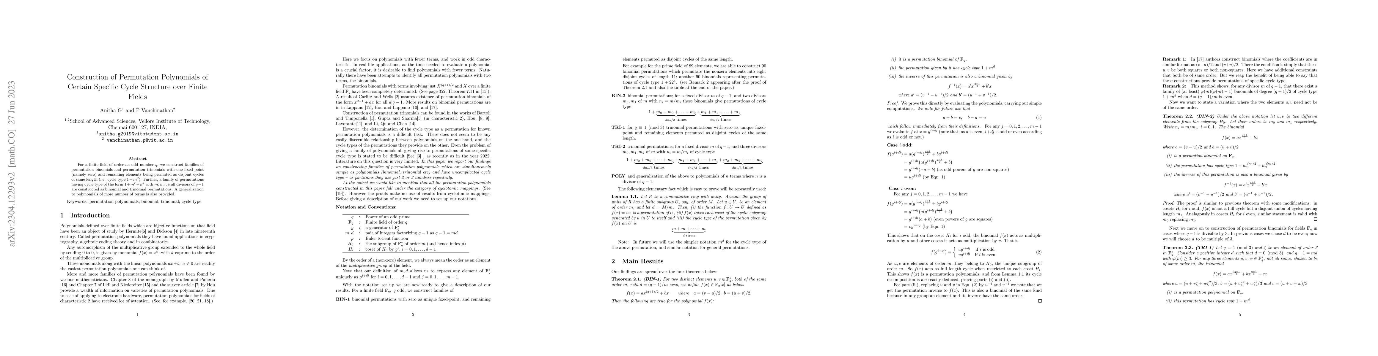 Thumbnail for Construction of Permutation Polynomials of Certain Specific Cycle
  Structure over Finite Fields