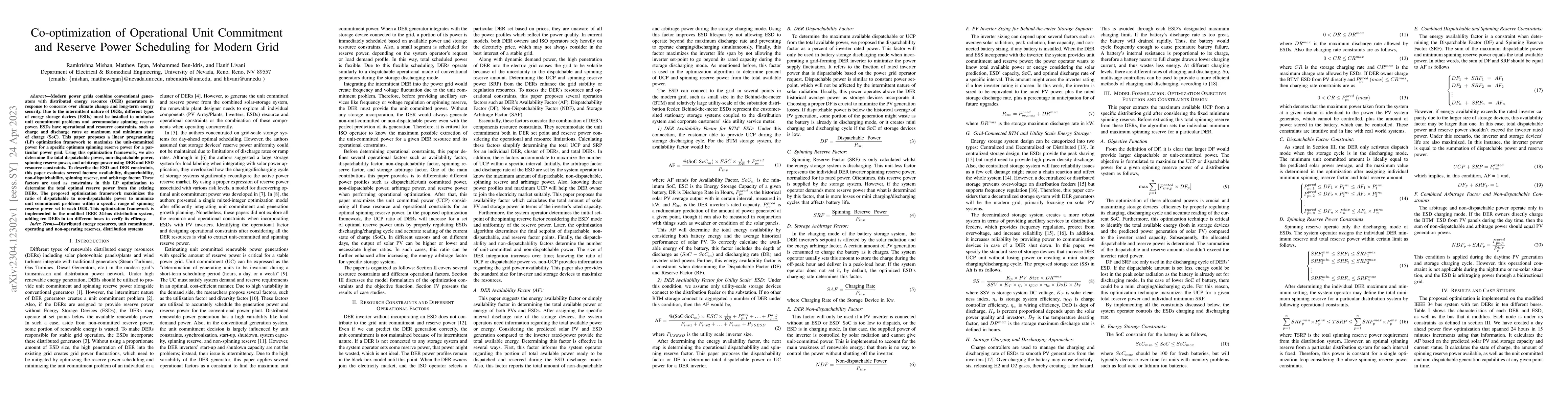 Thumbnail for Co-optimization of Operational Unit Commitment and Reserve Power
  Scheduling for Modern Grid
