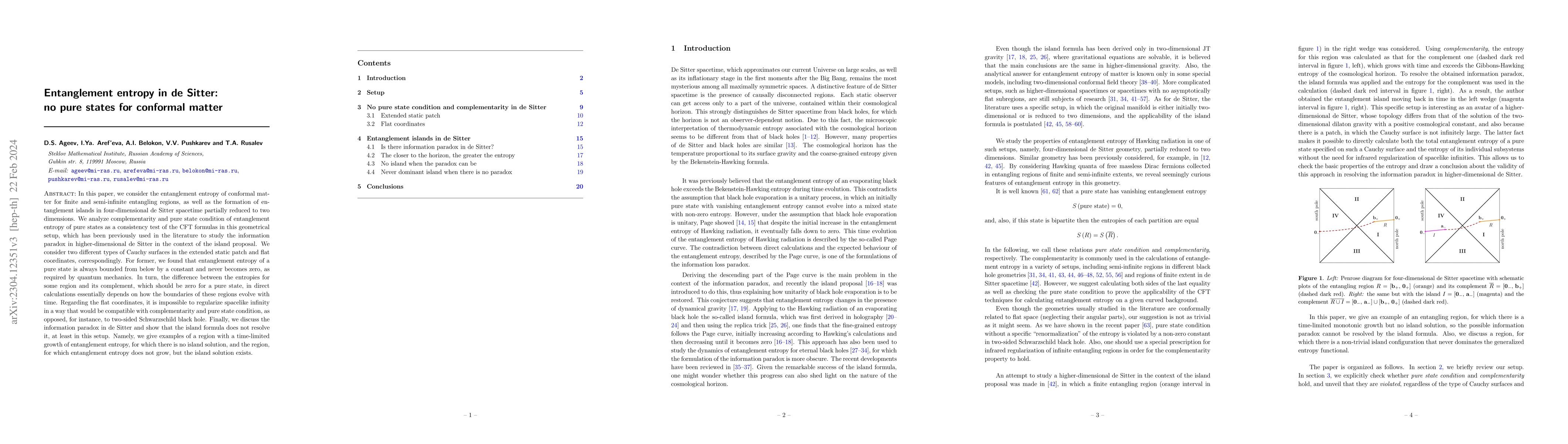 Thumbnail for Entanglement entropy in de Sitter: no pure states for conformal matter