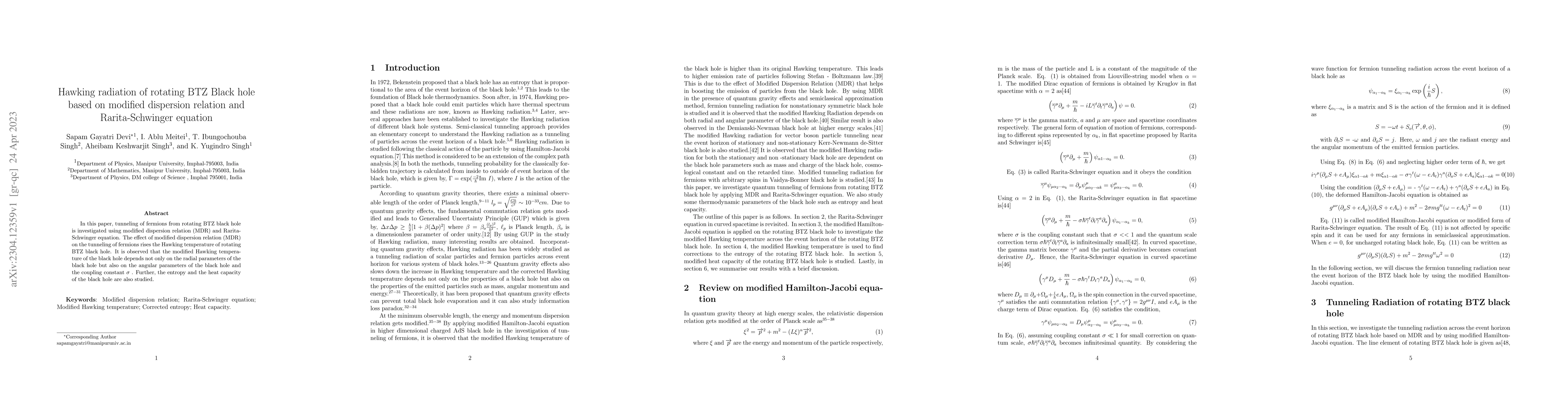 Thumbnail for Hawking radiation of rotating BTZ Black hole based on modified
  dispersion relation and Rarita-Schwinger equation