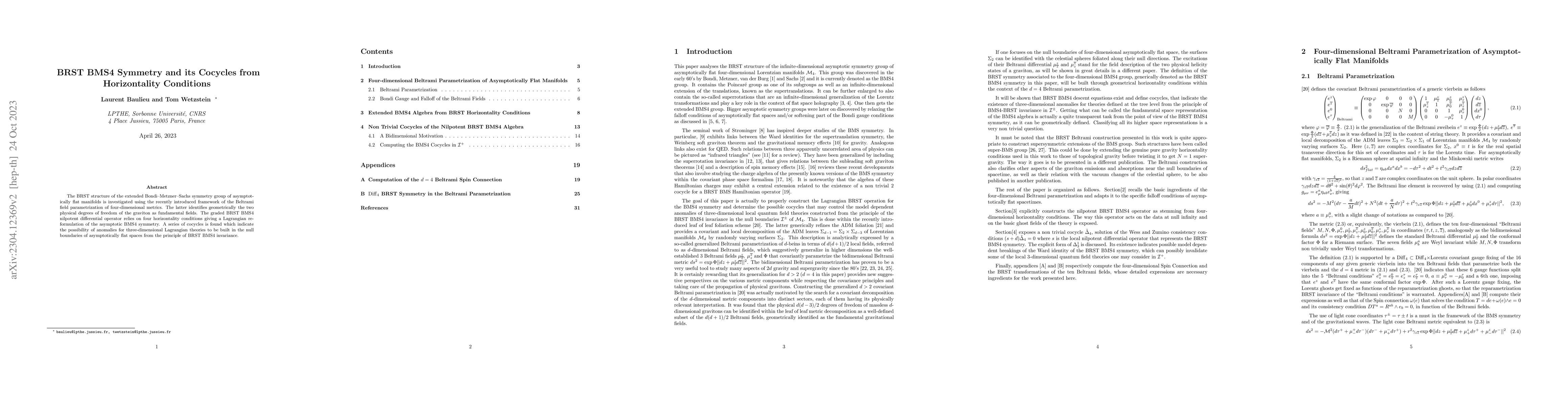 Thumbnail for BRST BMS4 Symmetry and its Cocycles from Horizontality Conditions