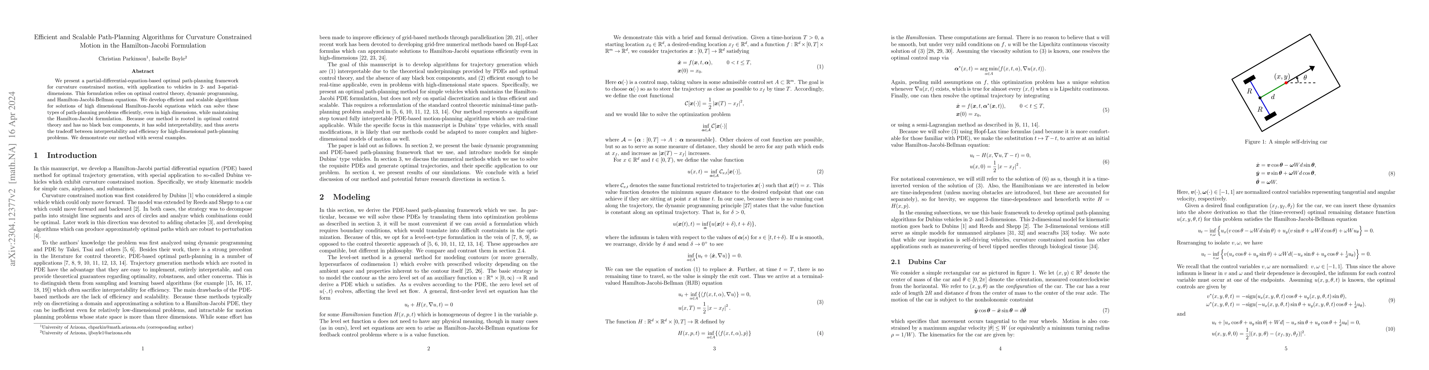 Thumbnail for Efficient and Scalable Path-Planning Algorithms for Curvature
  Constrained Motion in the Hamilton-Jacobi Formulation