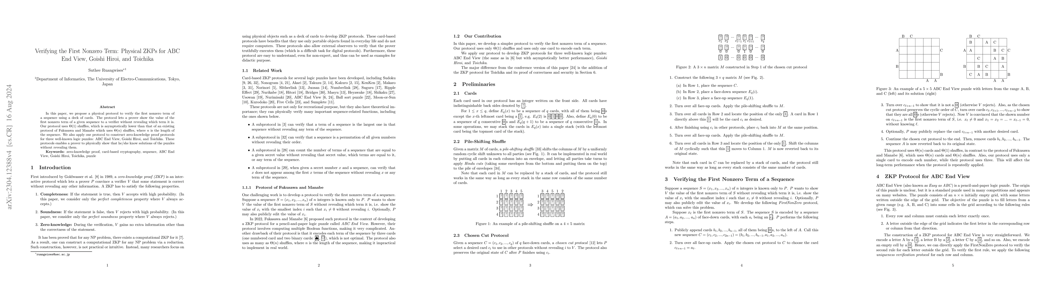 Thumbnail for Verifying the First Nonzero Term: Physical ZKPs for ABC End View, Goishi
  Hiroi, and Toichika