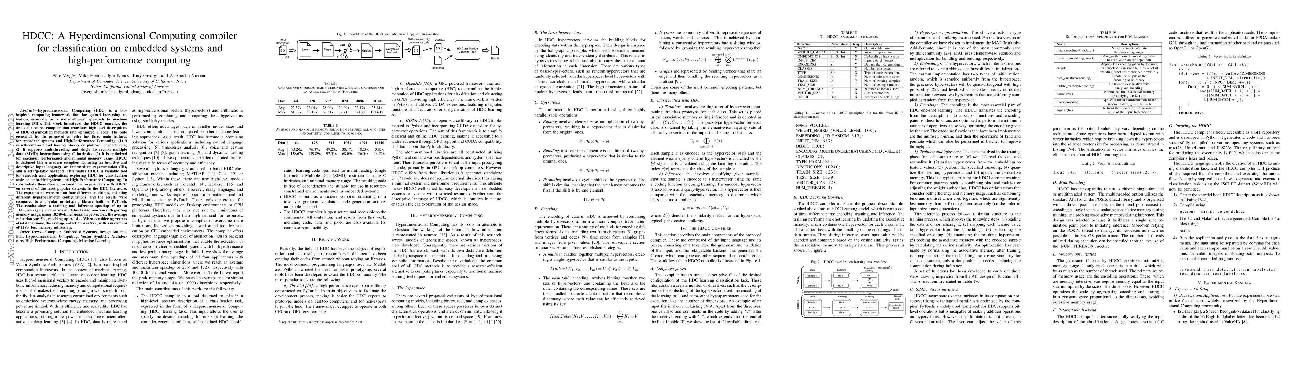 Thumbnail for HDCC: A Hyperdimensional Computing compiler for classification on
  embedded systems and high-performance computing