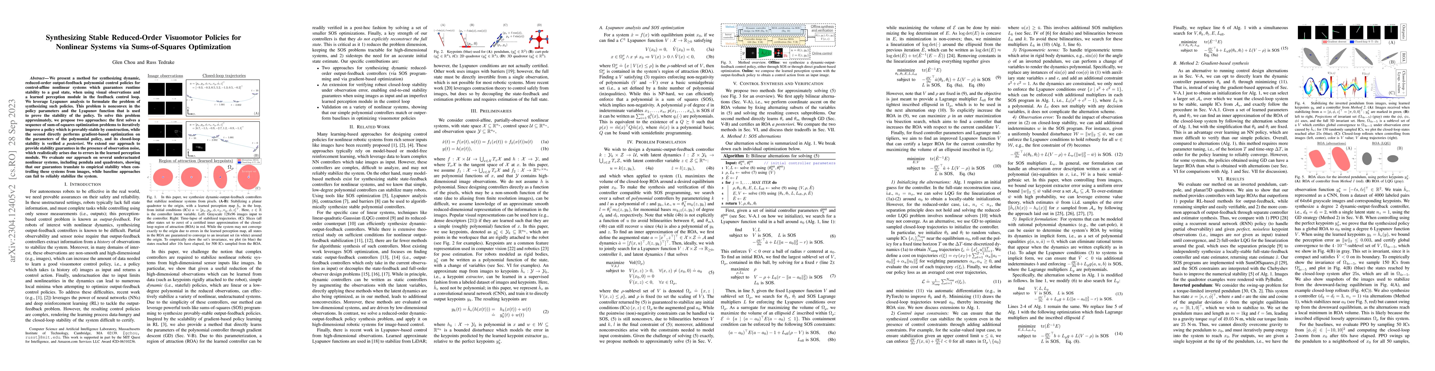 Thumbnail for Synthesizing Stable Reduced-Order Visuomotor Policies for Nonlinear
  Systems via Sums-of-Squares Optimization