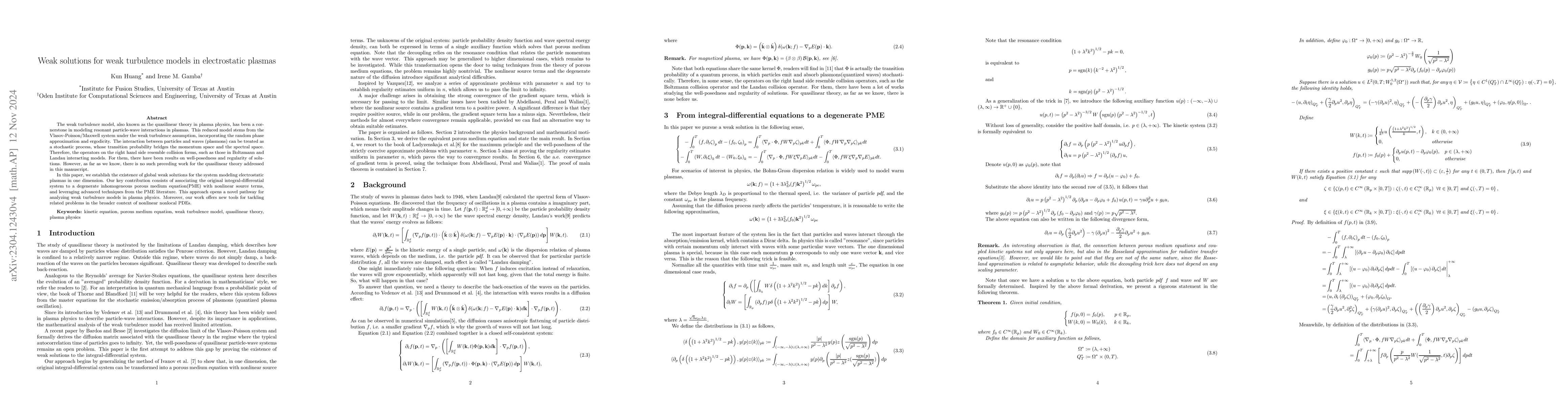 Thumbnail for Existence of global weak solutions to quasilinear theory for
  electrostatic plasmas