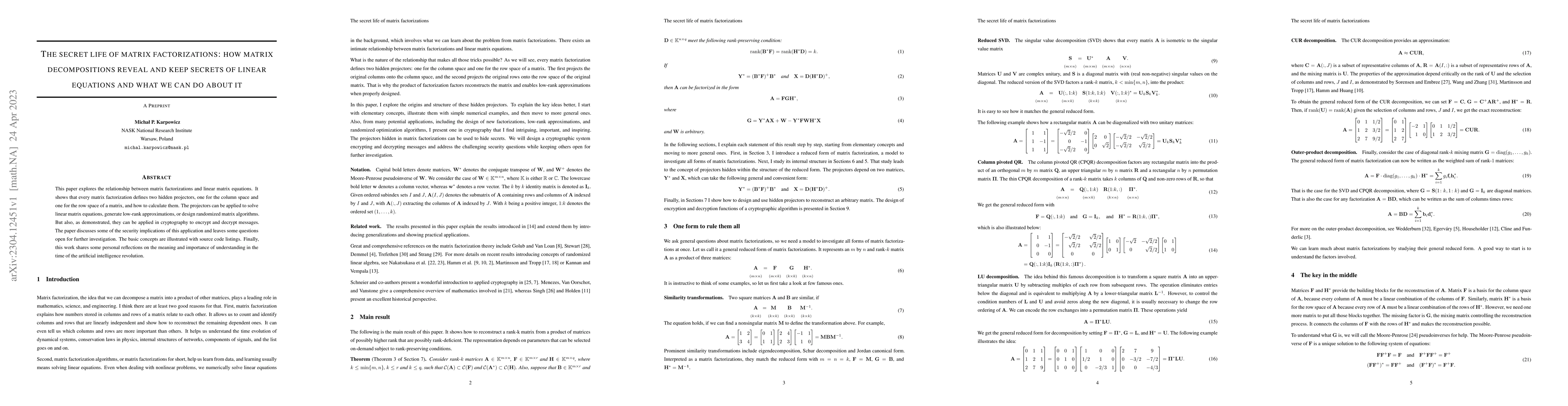 Thumbnail for The secret life of matrix factorizations: how matrix decompositions
  reveal and keep secrets of linear equations and what we can do about it