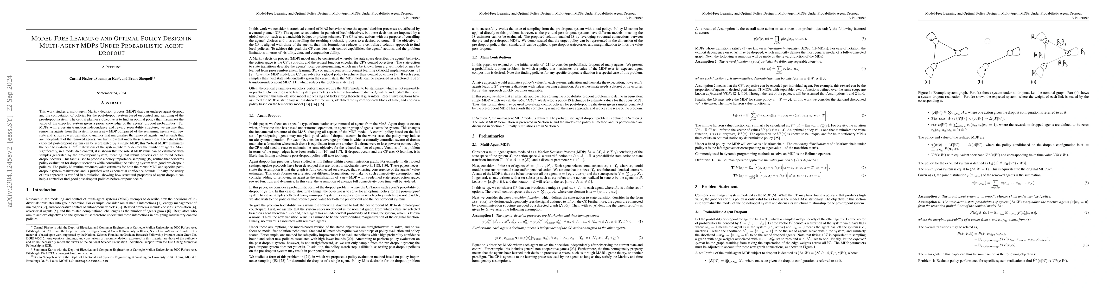 Thumbnail for Model-Free Learning and Optimal Policy Design in Multi-Agent MDPs Under
  Probabilistic Agent Dropout