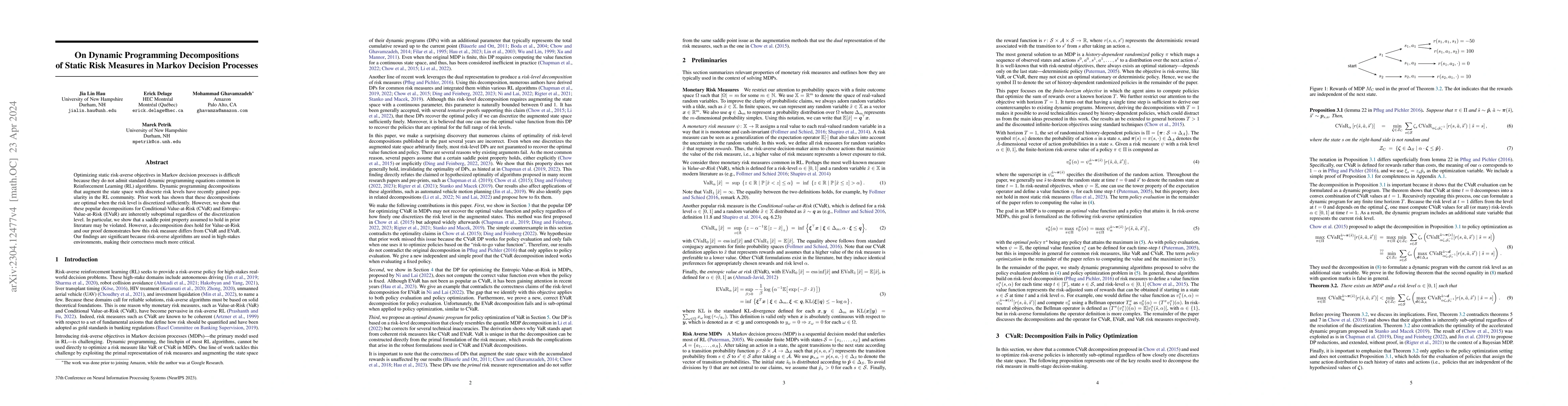 Thumbnail for On Dynamic Programming Decompositions of Static Risk Measures in Markov
  Decision Processes