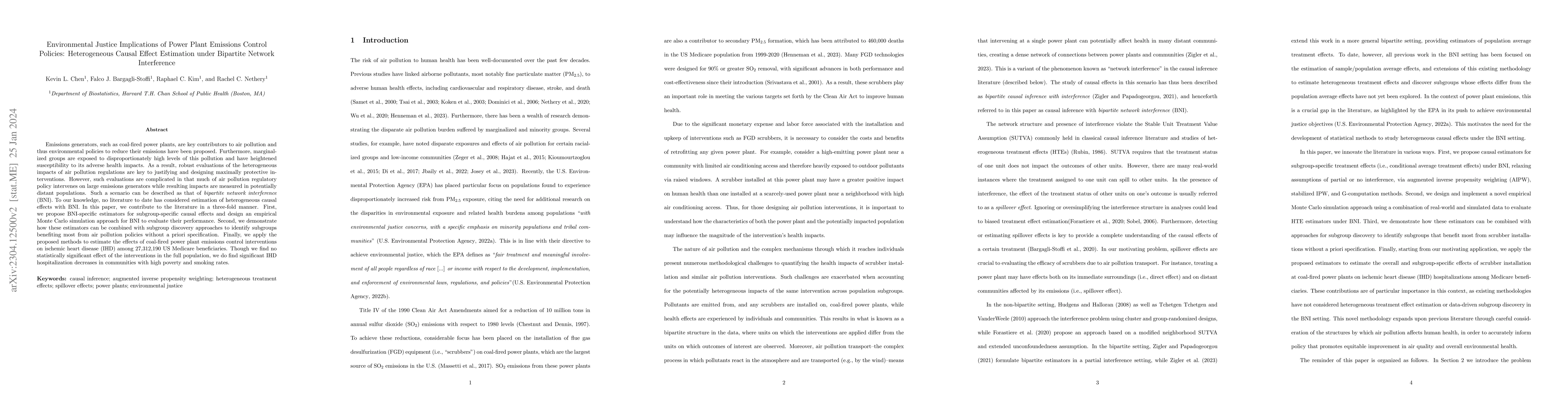 Thumbnail for Environmental Justice Implications of Power Plant Emissions Control
  Policies: Heterogeneous Causal Effect Estimation under Bipartite Network
  Interference