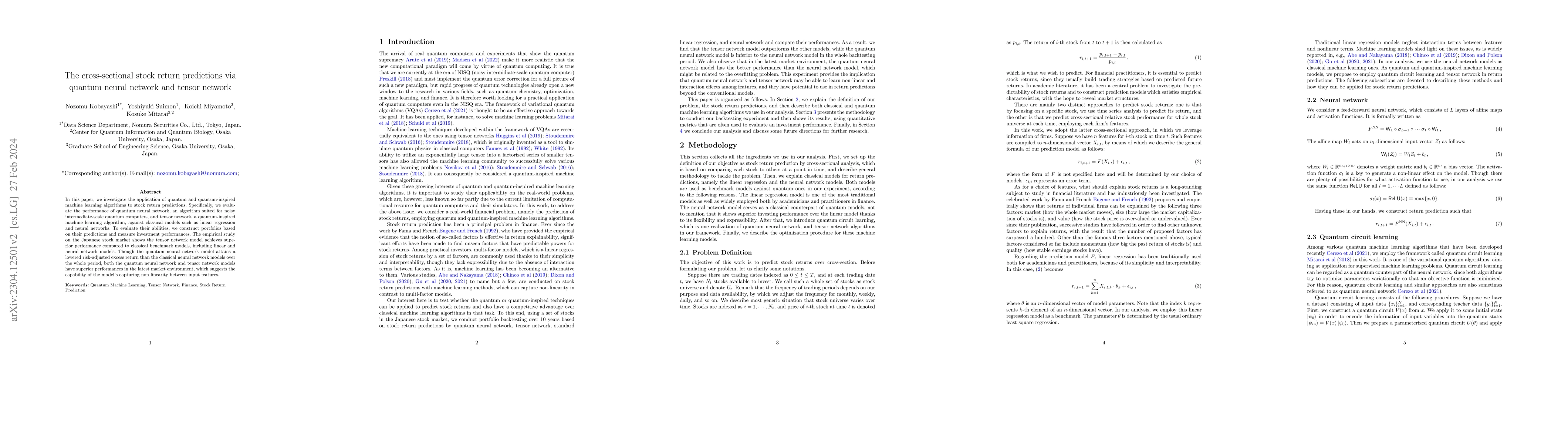 Thumbnail for The cross-sectional stock return predictions via quantum neural network
  and tensor network