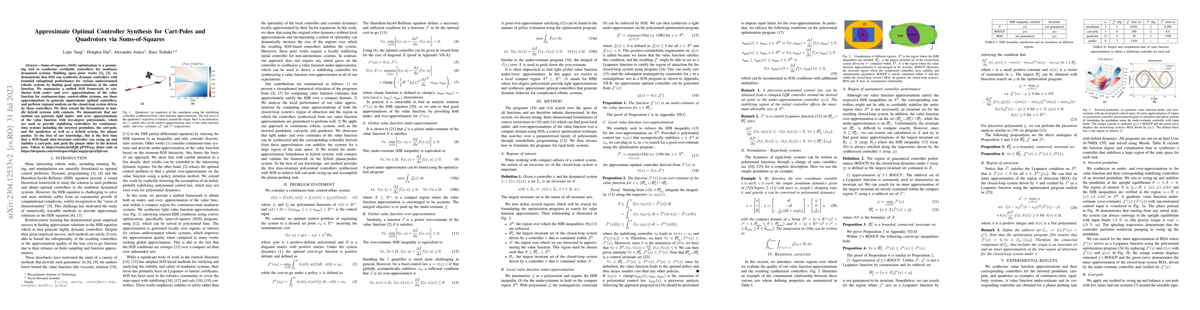 Thumbnail for Approximate Optimal Controller Synthesis for Cart-Poles and Quadrotors
  via Sums-of-Squares