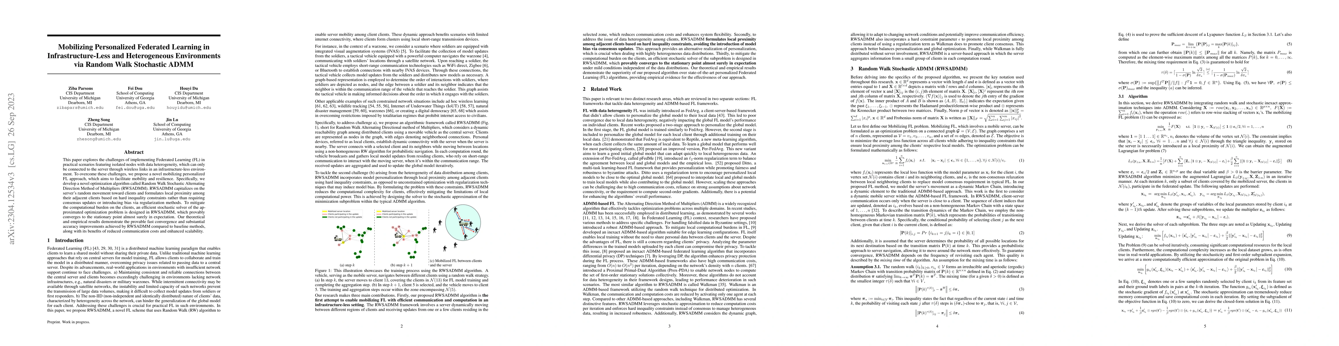 Thumbnail for Mobilizing Personalized Federated Learning in Infrastructure-Less and
  Heterogeneous Environments via Random Walk Stochastic ADMM