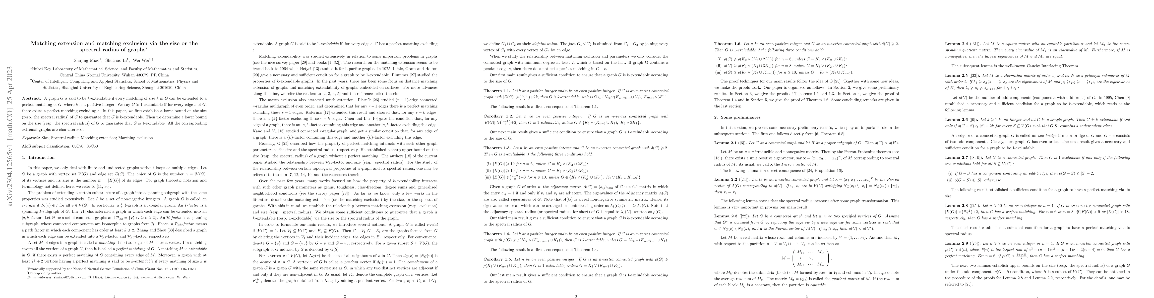 Thumbnail for Matching extension and matching exclusion via the size or the spectral
  radius of graphs