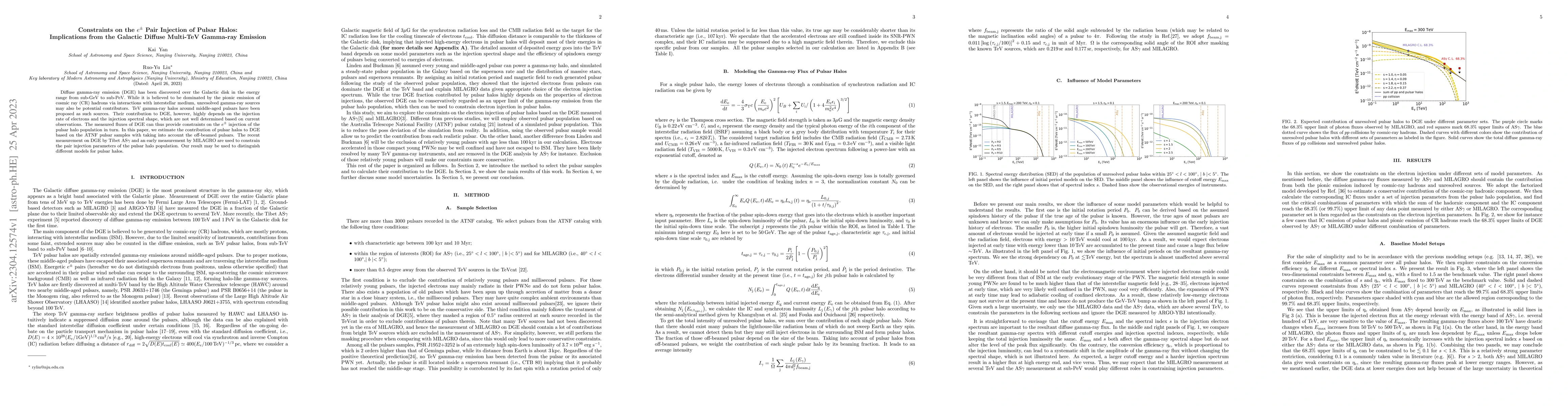 Thumbnail for Constraints on the $e^{\pm }$ Pair Injection of Pulsar Halos:
  Implications from the Galactic Diffuse Multi-TeV Gamma-ray Emission