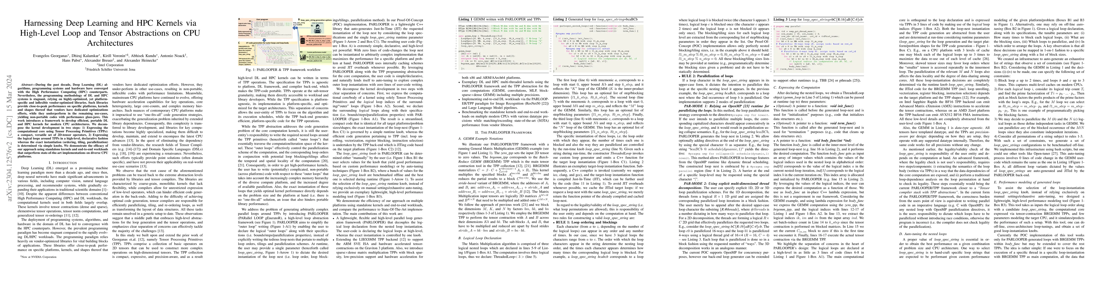 Thumbnail for Harnessing Deep Learning and HPC Kernels via High-Level Loop and Tensor
  Abstractions on CPU Architectures