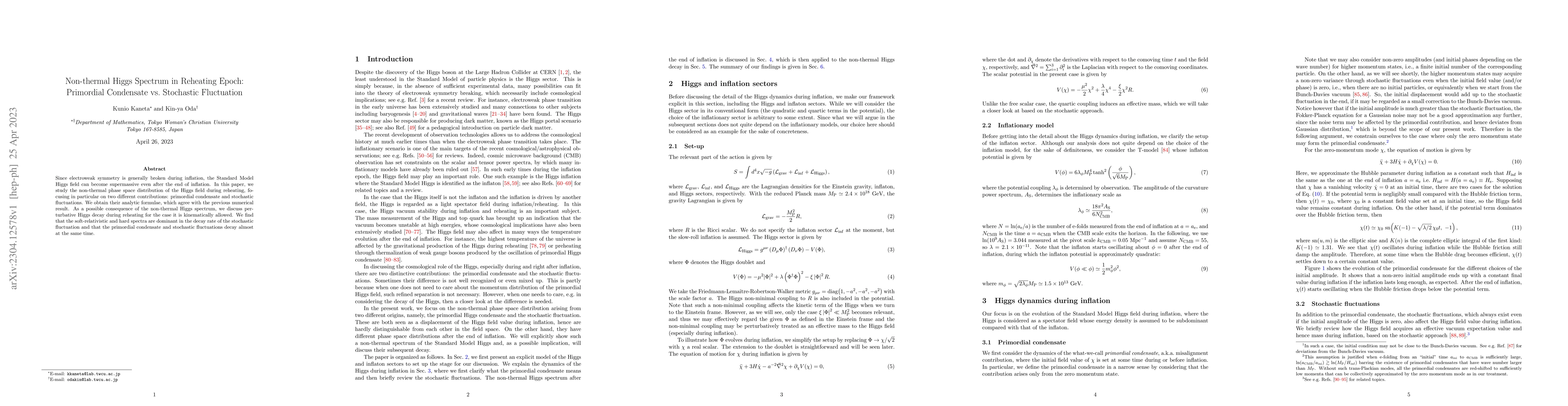 Thumbnail for Non-thermal Higgs Spectrum in Reheating Epoch: Primordial Condensate vs.
  Stochastic Fluctuation