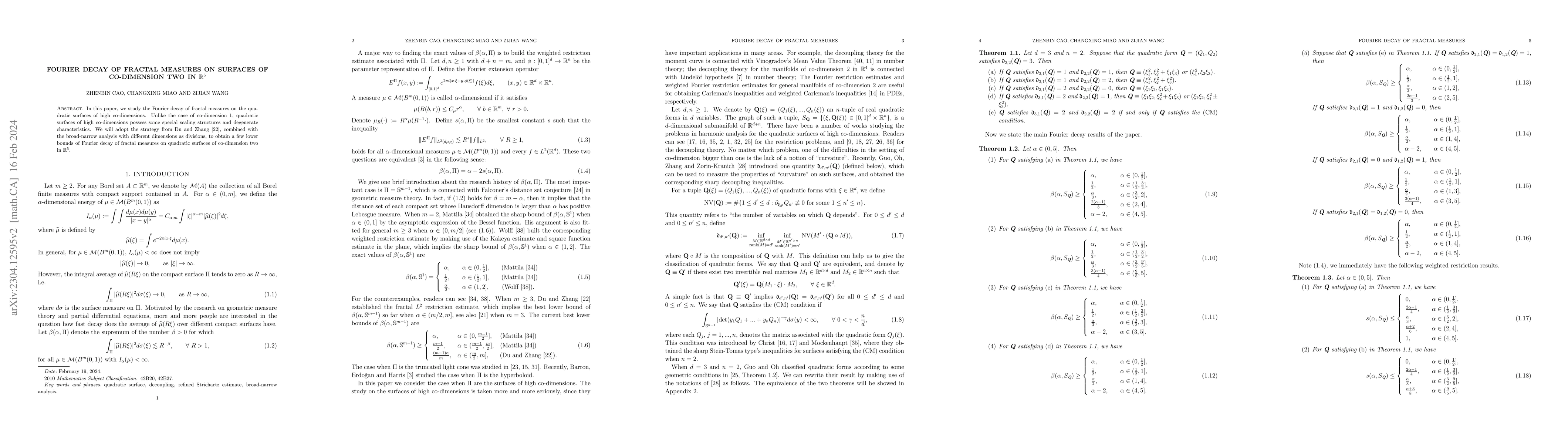 Thumbnail for Fourier decay of fractal measures on surfaces of co-dimension two in
  $\mathbb{R}^5$