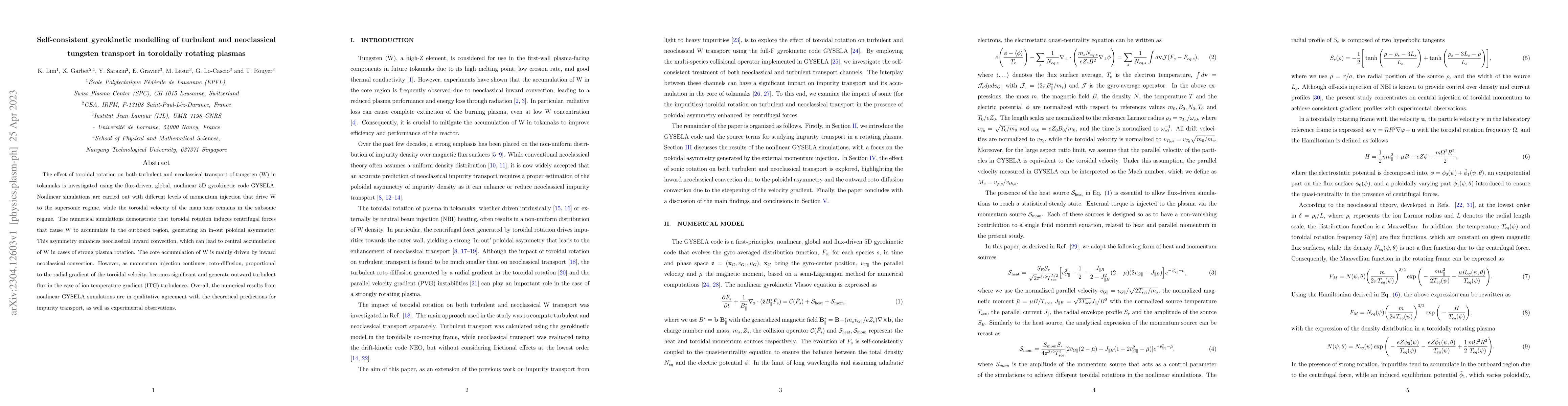 Thumbnail for Self-consistent gyrokinetic modelling of turbulent and neoclassical
  tungsten transport in toroidally rotating plasmas
