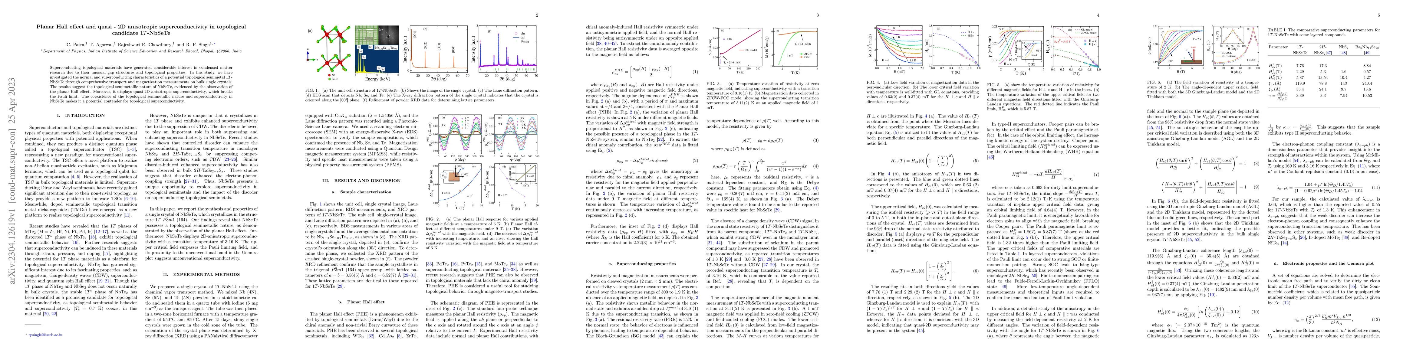 Thumbnail for Planar Hall effect and quasi-2D anisotropic superconductivity in
  topological candidate 1$T$-NbSeTe