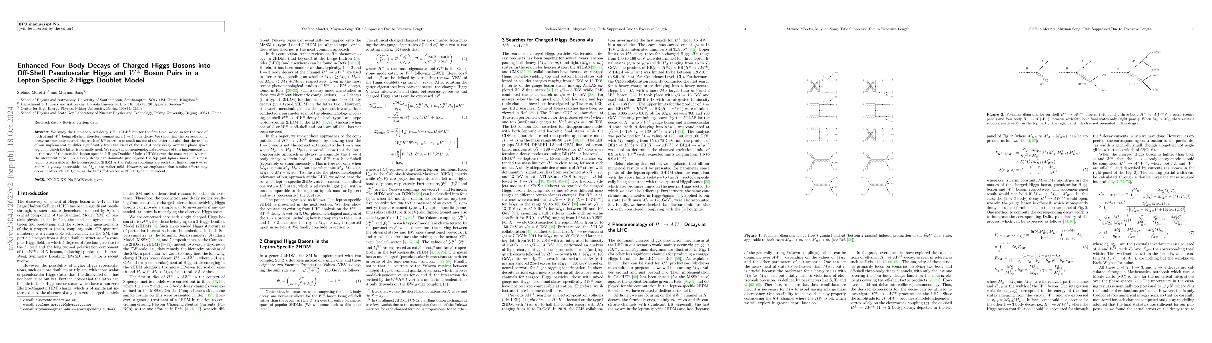 Thumbnail for Enhanced Four-Body Decays of Charged Higgs Bosons into Off-Shell
  Pseudoscalar Higgs and $W^\pm$ Boson Pairs in a Lepton-Specific 2-Higgs
  Doublet Model
