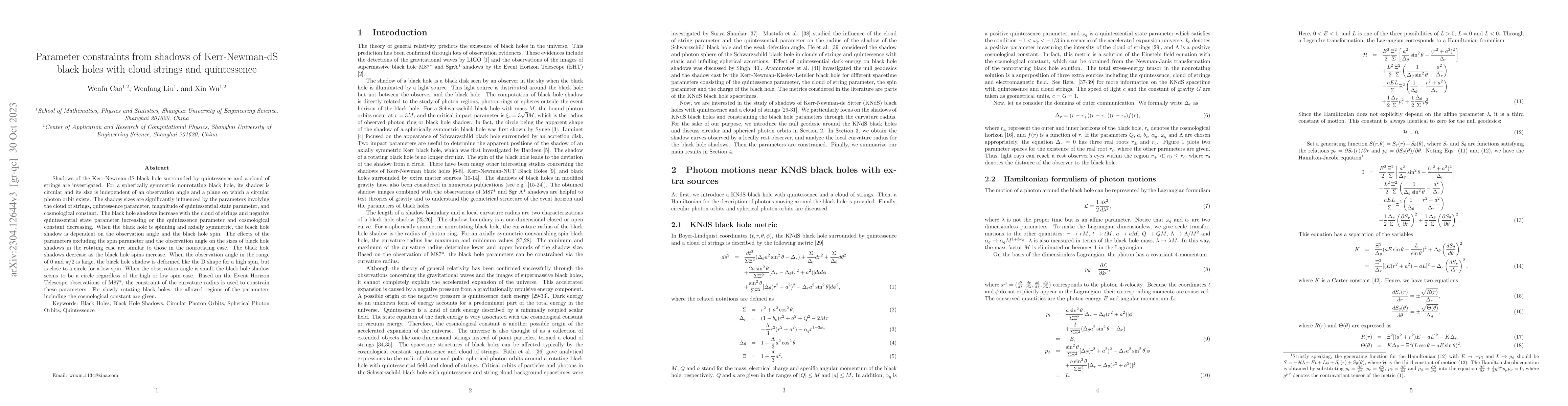 Thumbnail for Parameter constraints from shadows of Kerr-Newman-dS black holes with
  cloud strings and quintessence