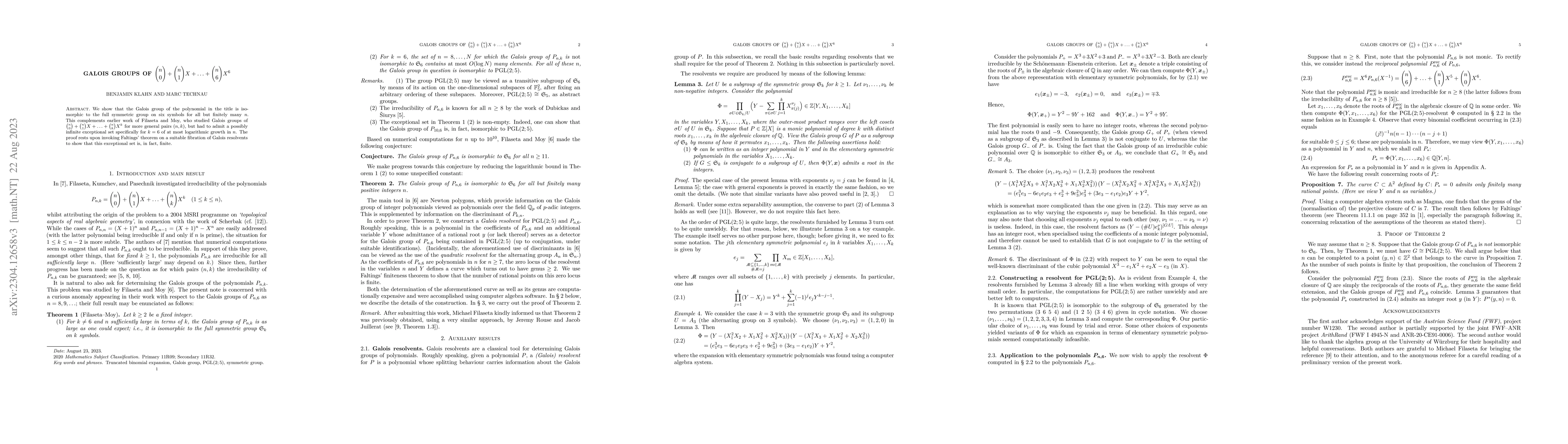 Thumbnail for Galois groups of $\binom{n}{0} + \binom{n}{1} X + \ldots + \binom{n}{6}
  X^6$