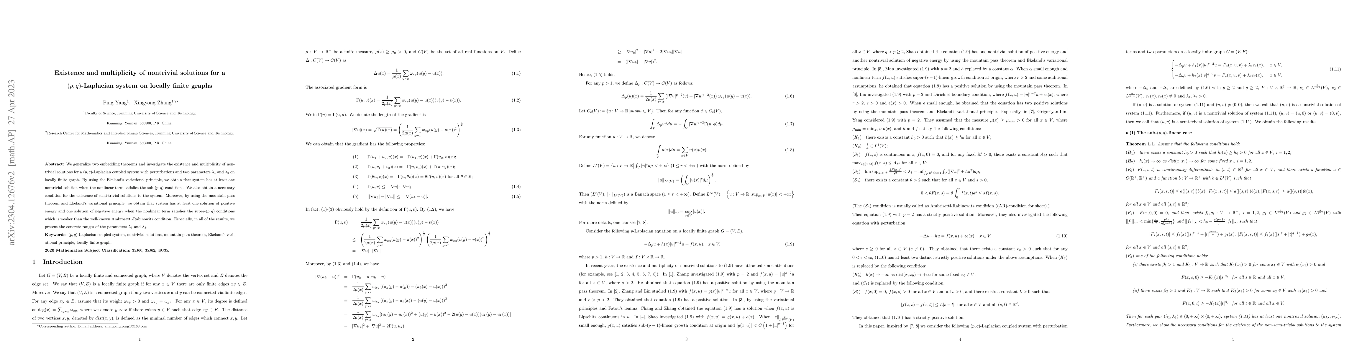 Thumbnail for Existence and multiplicity of nontrivial solutions for a
  $(p,q)$-Laplacian system on locally finite graphs