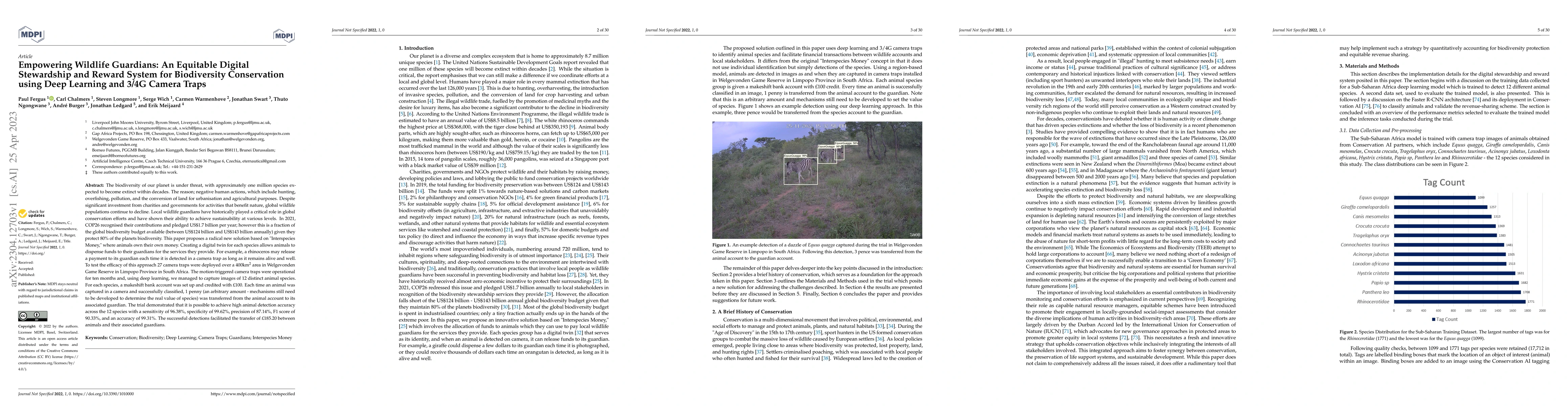 Thumbnail for Empowering Wildlife Guardians: An Equitable Digital Stewardship and
  Reward System for Biodiversity Conservation using Deep Learning and 3/4G
  Camera Traps