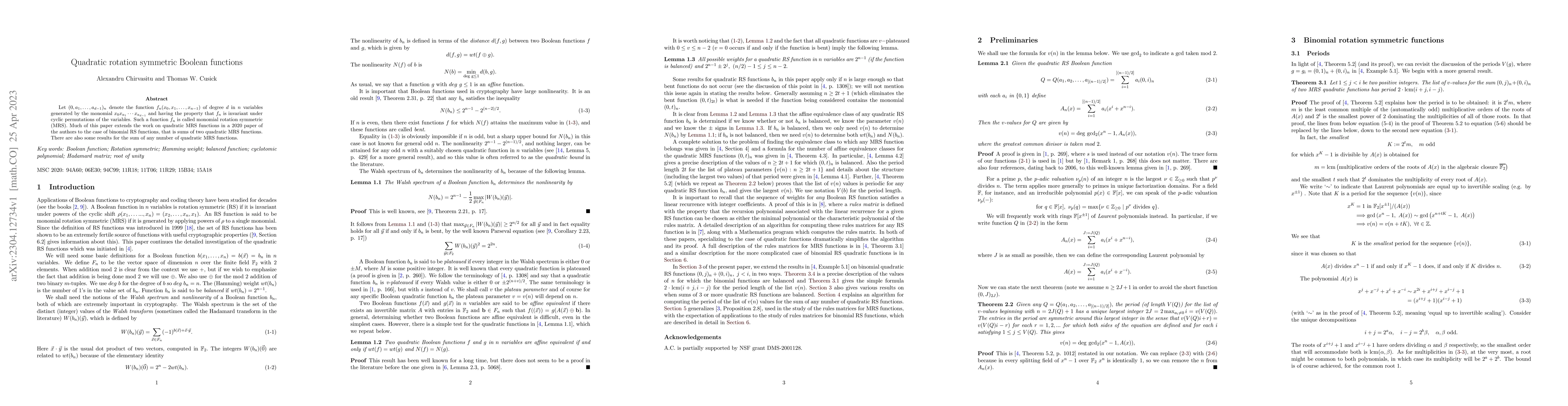 Thumbnail for Quadratic rotation symmetric Boolean functions