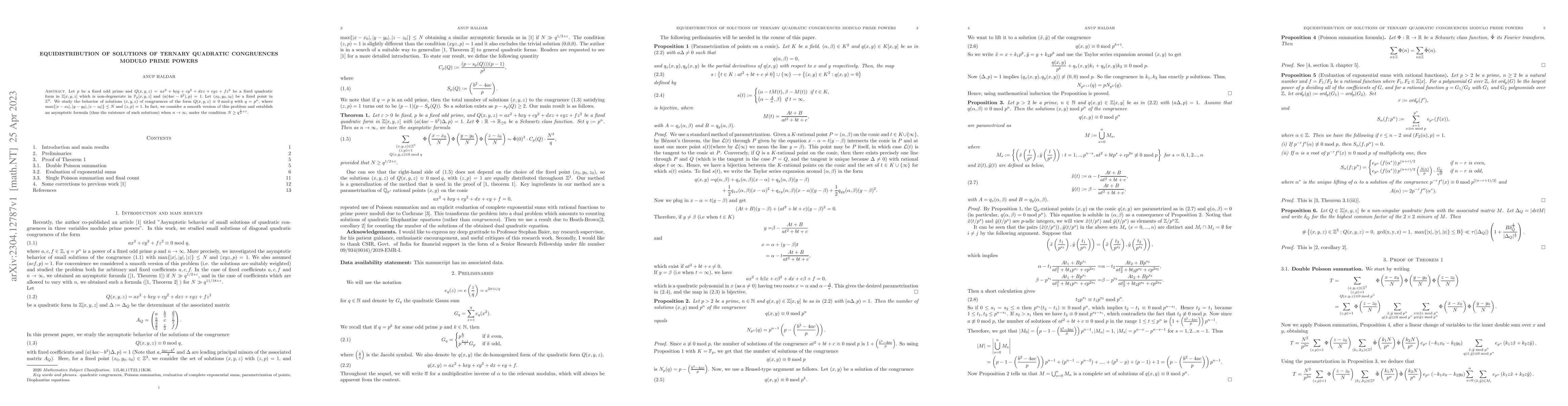 Thumbnail for Equidistribution of Solutions of Ternary Quadratic Congruences Modulo
  Prime Powers