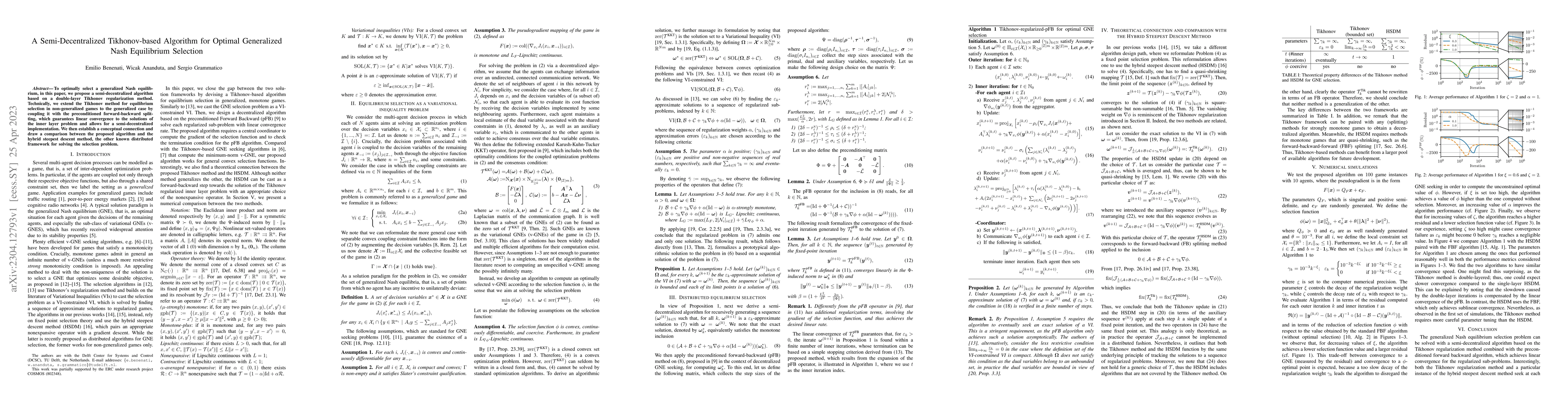 Thumbnail for A Semi-Decentralized Tikhonov-based Algorithm for Optimal Generalized
  Nash Equilibrium Selection