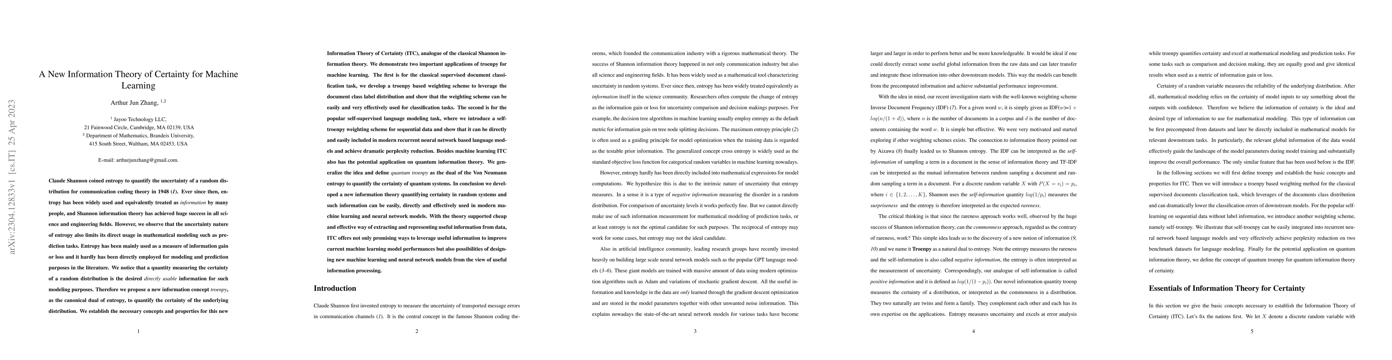 Thumbnail for A New Information Theory of Certainty for Machine Learning