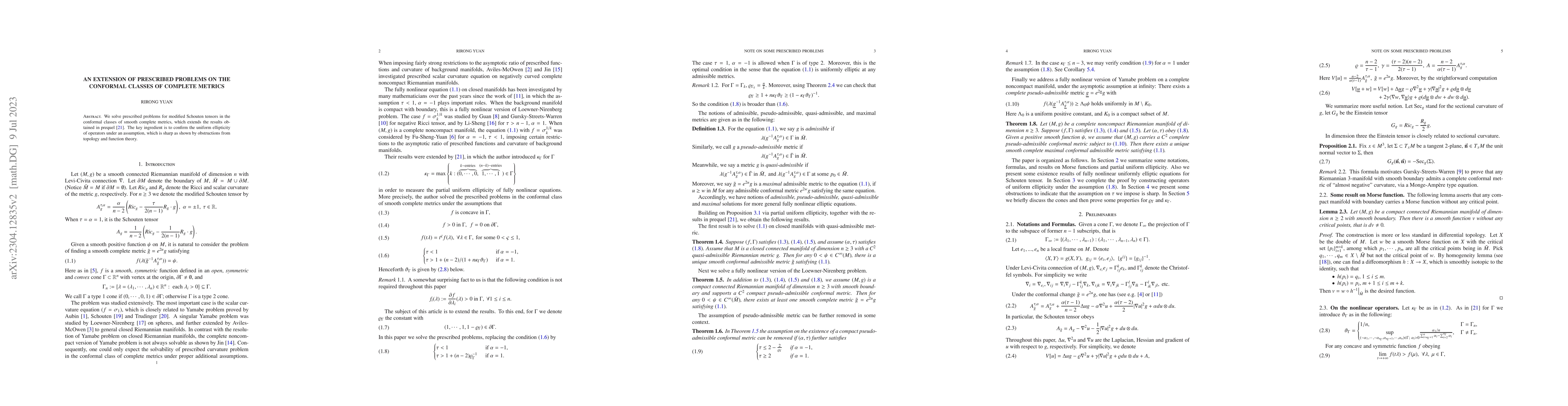 Thumbnail for An extension of prescribed problems on the conformal classes of complete
  metrics