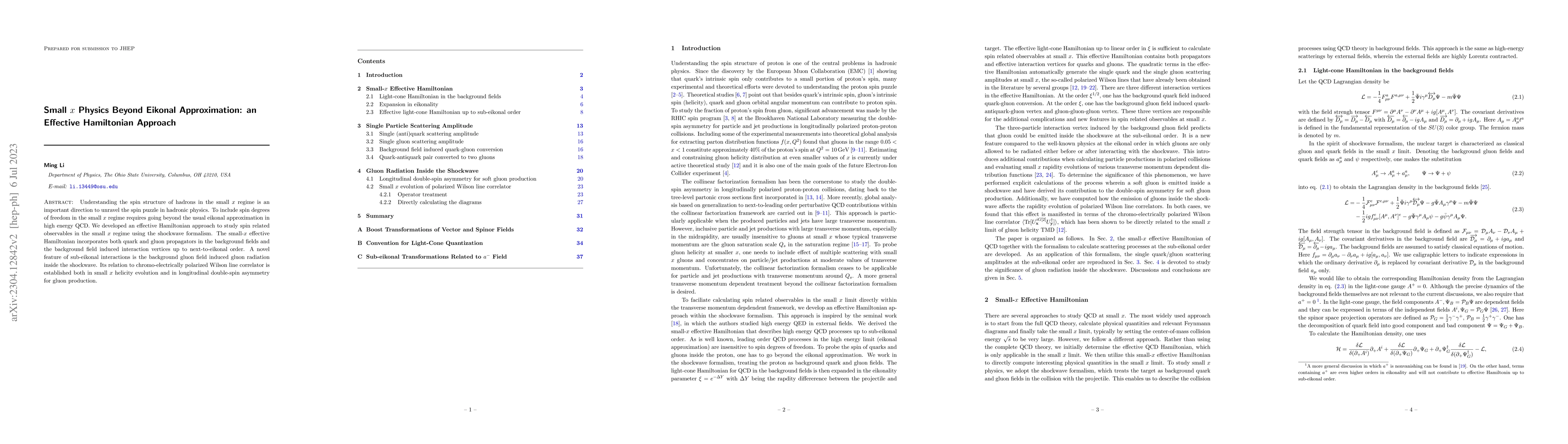 Thumbnail for Small $x$ Physics Beyond Eikonal Approximation: an Effective Hamiltonian
  Approach