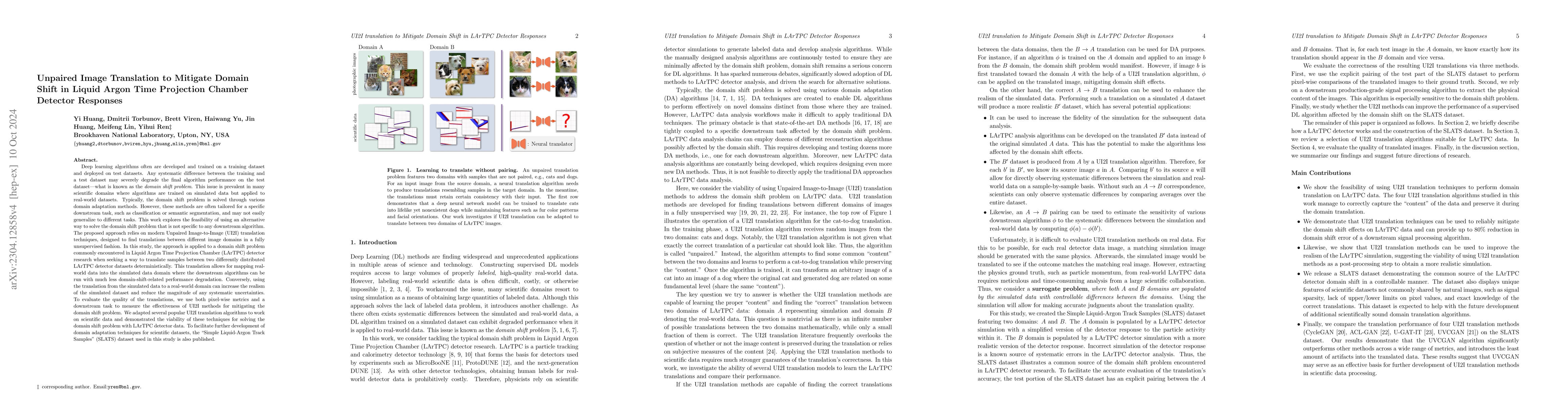 Thumbnail for Unpaired Image Translation to Mitigate Domain Shift in Liquid Argon Time
  Projection Chamber Detector Responses