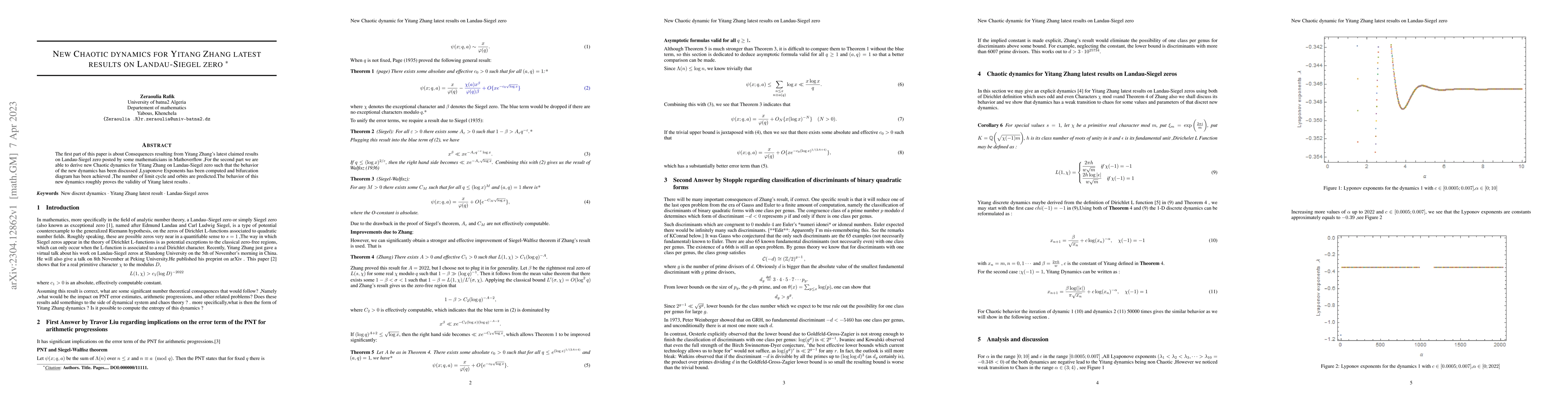 Thumbnail for New Chaotic dynamics for Yitang Zhang latest results on Landau-Siegel
  zero