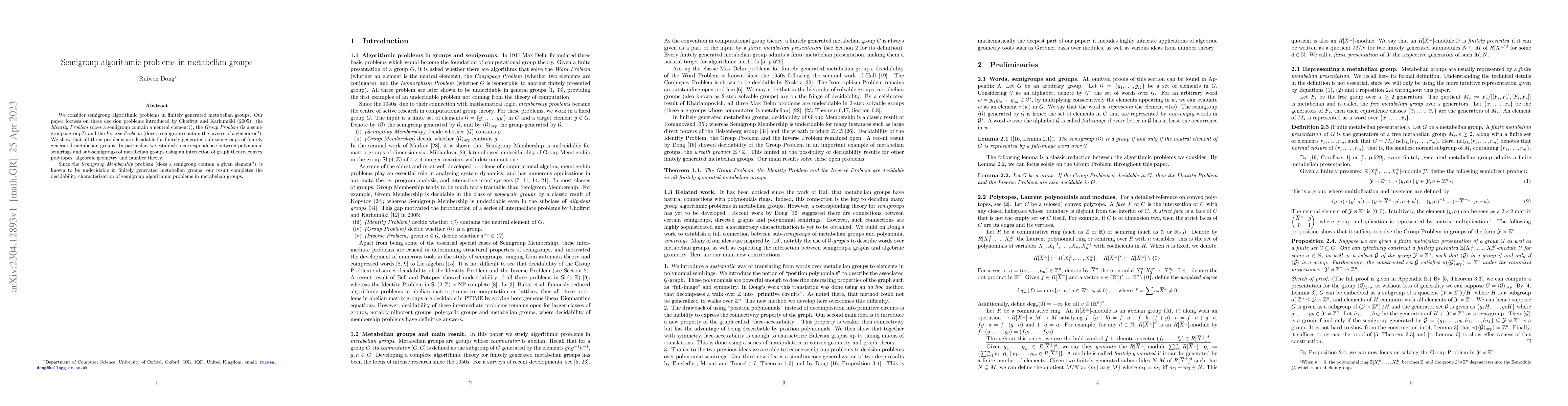 Thumbnail for Semigroup algorithmic problems in metabelian groups