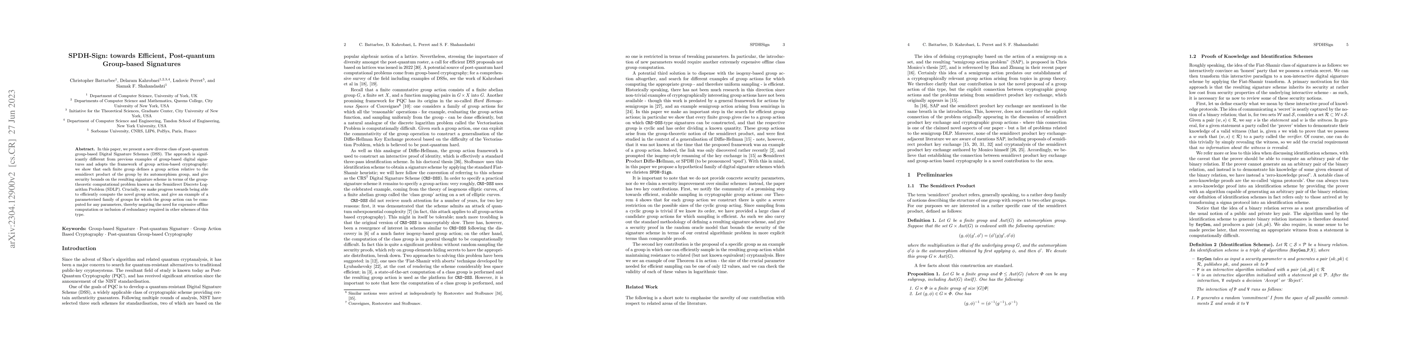 Thumbnail for SPDH-Sign: towards Efficient, Post-quantum Group-based Signatures