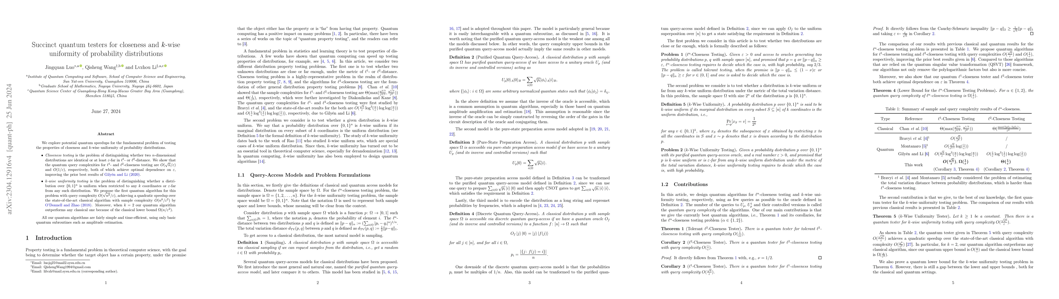 Thumbnail for Succinct quantum testers for closeness and $k$-wise uniformity of
  probability distributions
