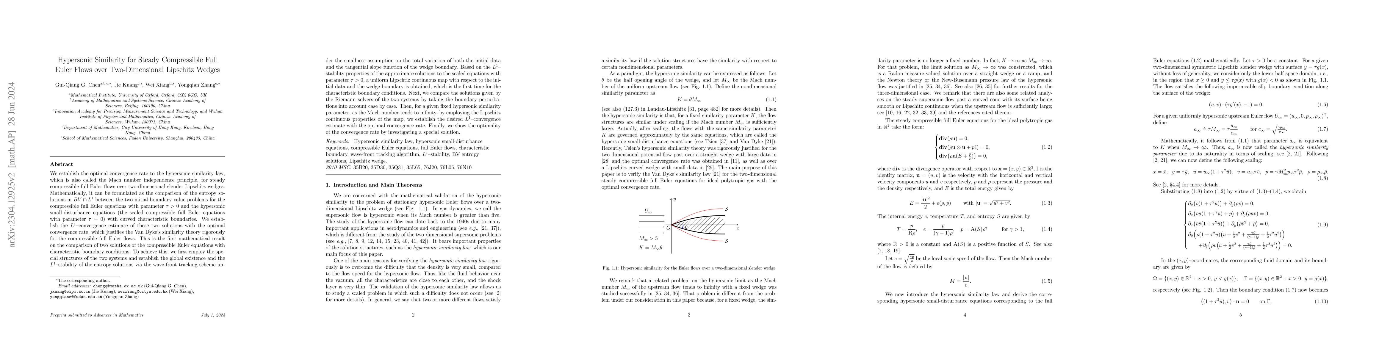 Thumbnail for Hypersonic Similarity for Steady Compressible Full Euler Flows Over
  Two-Dimensional Lipschitz Wedges