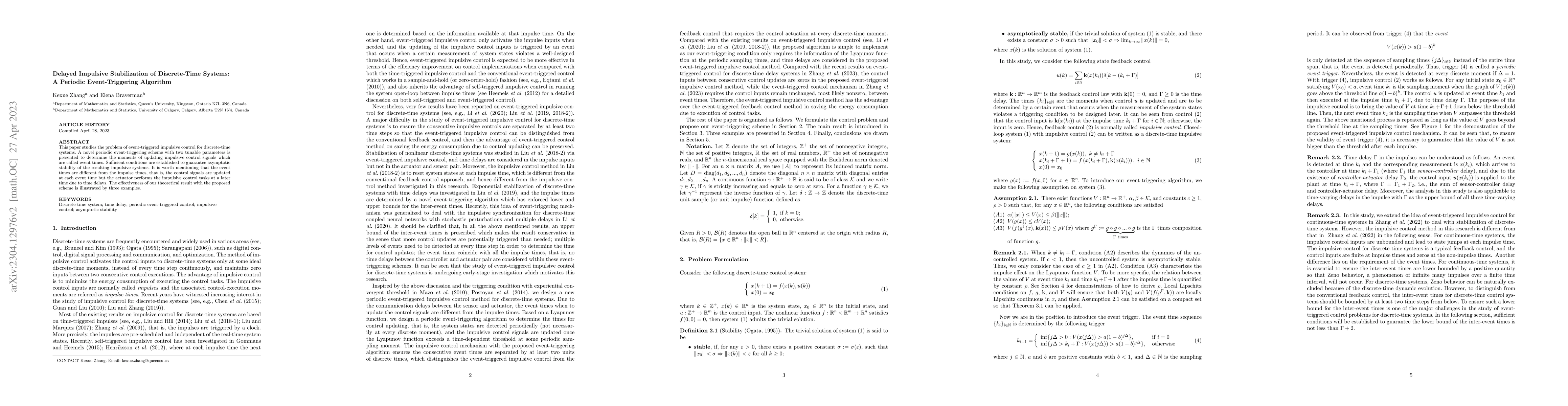 Thumbnail for Delayed impulsive stabilisation of discrete-time systems: a periodic
  event-triggering algorithm
