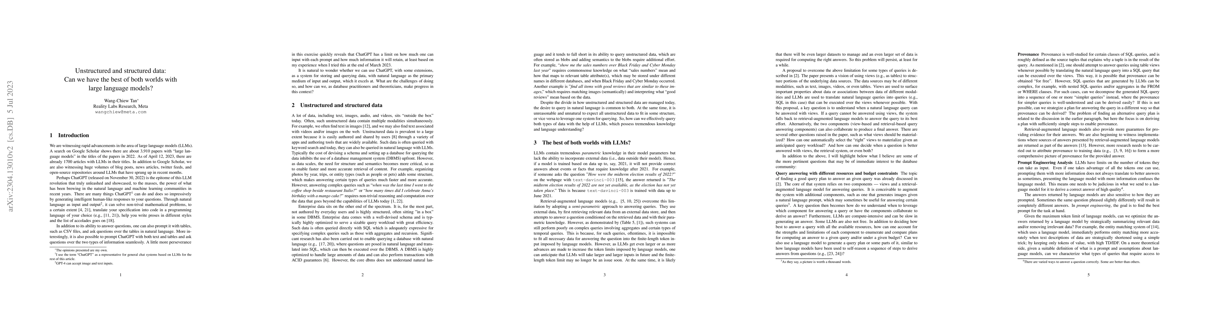 Thumbnail for Unstructured and structured data: Can we have the best of both worlds
  with large language models?